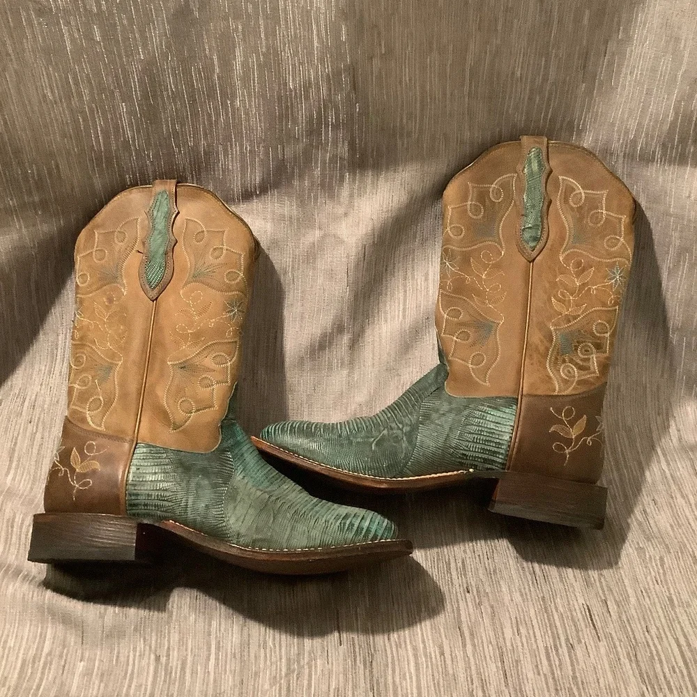 tony lama womens reptile square toe leather sole boots Sz 9B western cowgirl - Picture 3 of 11